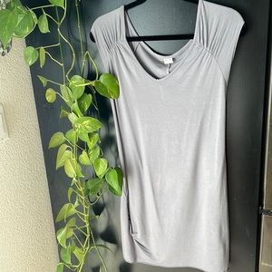 Three Dots knit gray top. Scoop neck, longer length, cap sleeves.